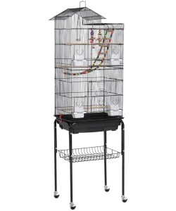 Large Roof Top Bird Cage With Stand and Toys - Black